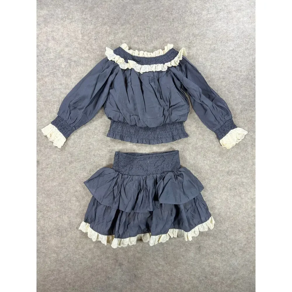 Evie's Closet Long Sleeve Chambray Ruffled Skort Set Eyelet Lace Size 6 NEW